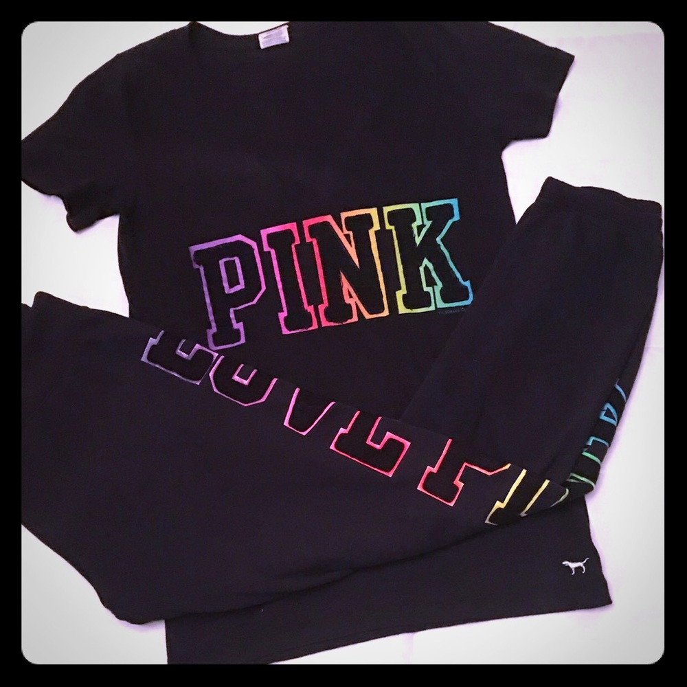 PINK VS Black & Rainbow RARE HTF V-Neck Outfit